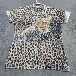 Vintage Sunshirt Shirt Womens XXL Brown Leopard All Over Print Graphic Top